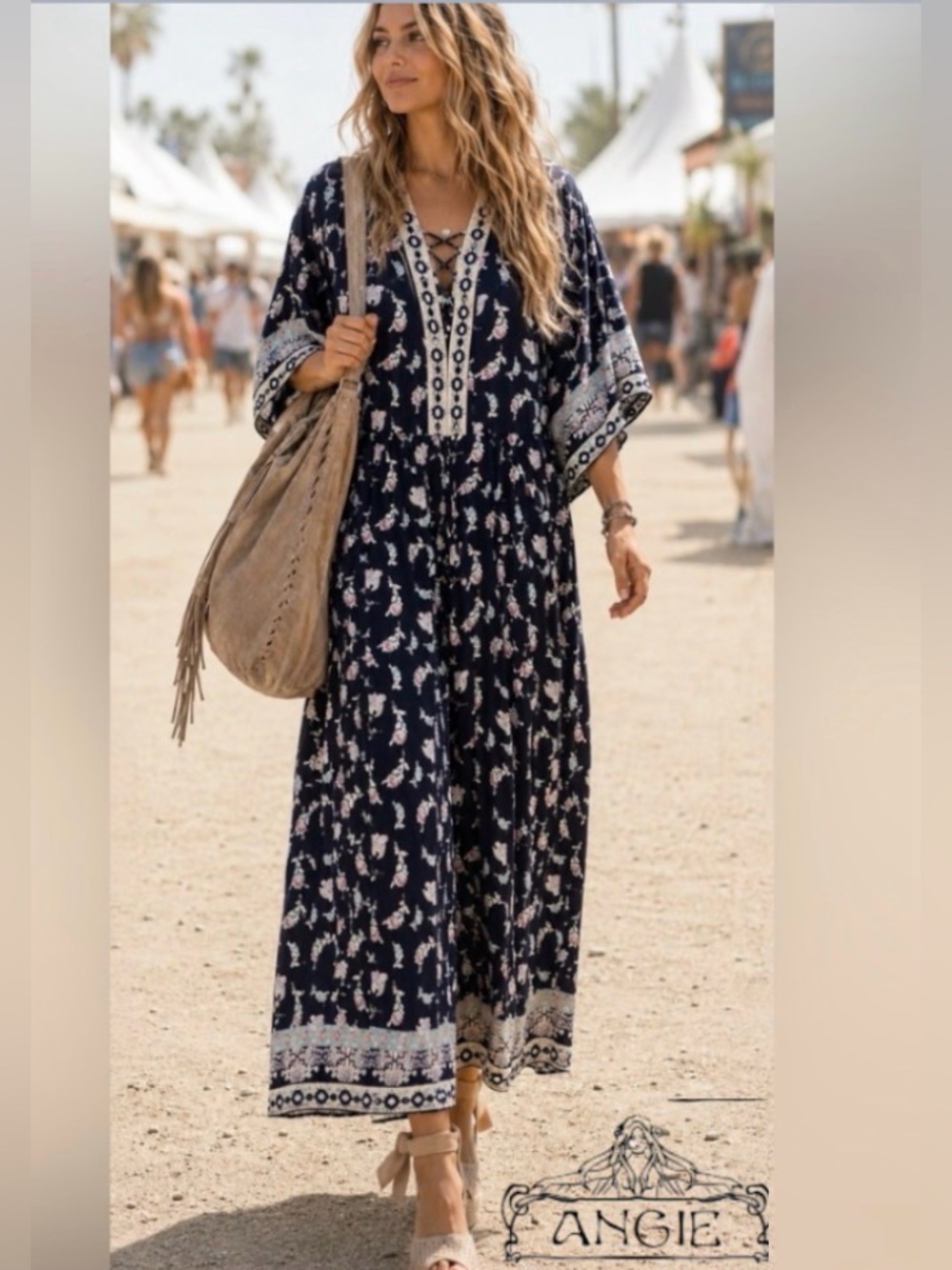 2X Angie Navy Floral Boho Flowy Jumpsuit with Sleeves